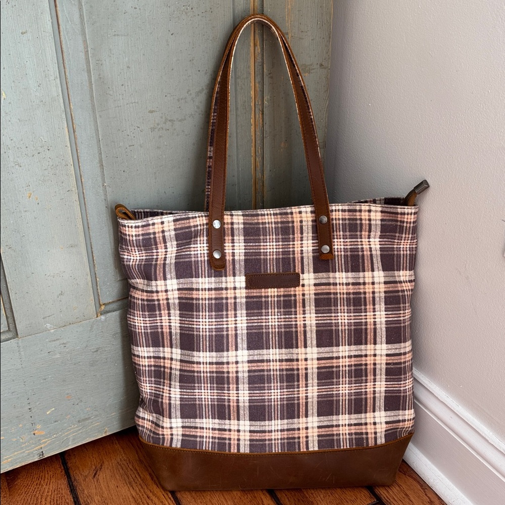 Farmhouse Is‎ My Style Gingerbread Spice Plaid Tote Bag Cottacore Leather Trim